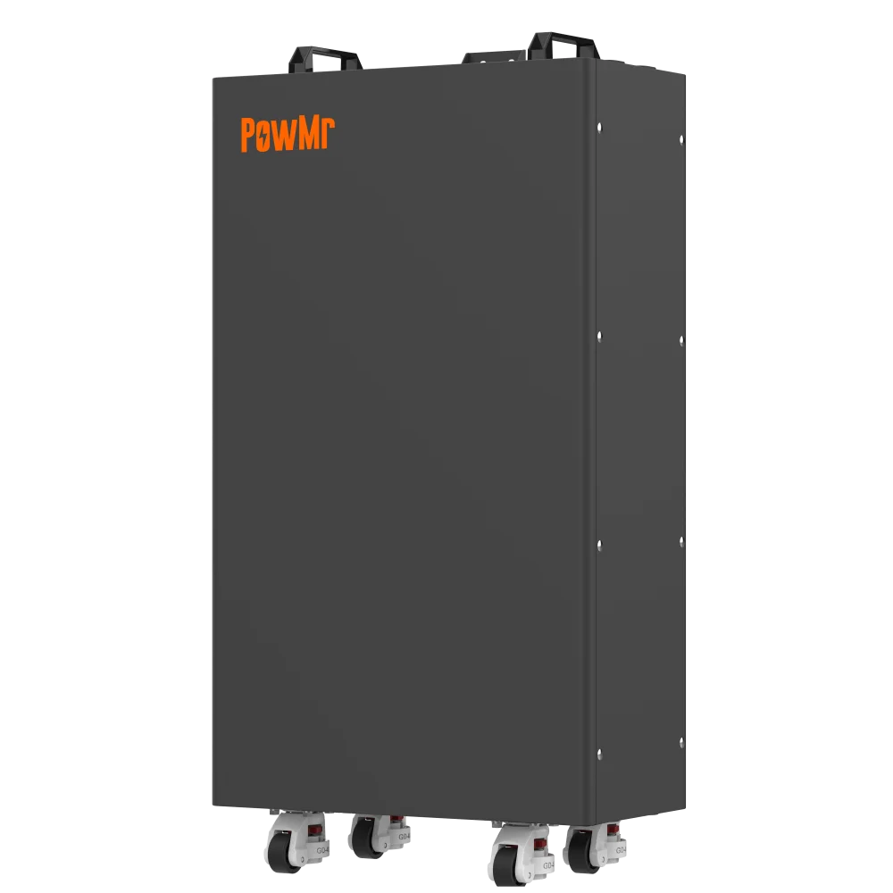 PowMr LiFePO4 home energy storage battery cabinet, angled view showing depth and caster wheels