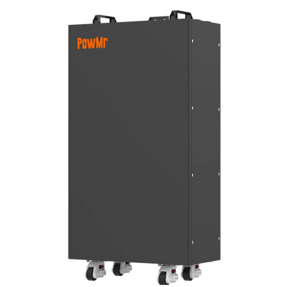 PowMr LiFePO4 home energy storage battery cabinet, angled view showing depth and caster wheels