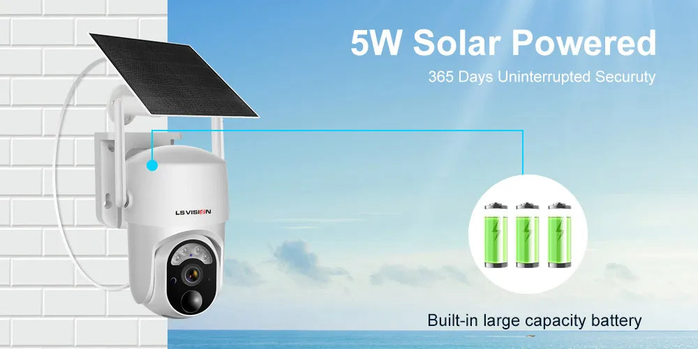 LS VISION 4MP Solar Camera, Solar-powered camera monitors continuously for 365 days with built-in battery.
