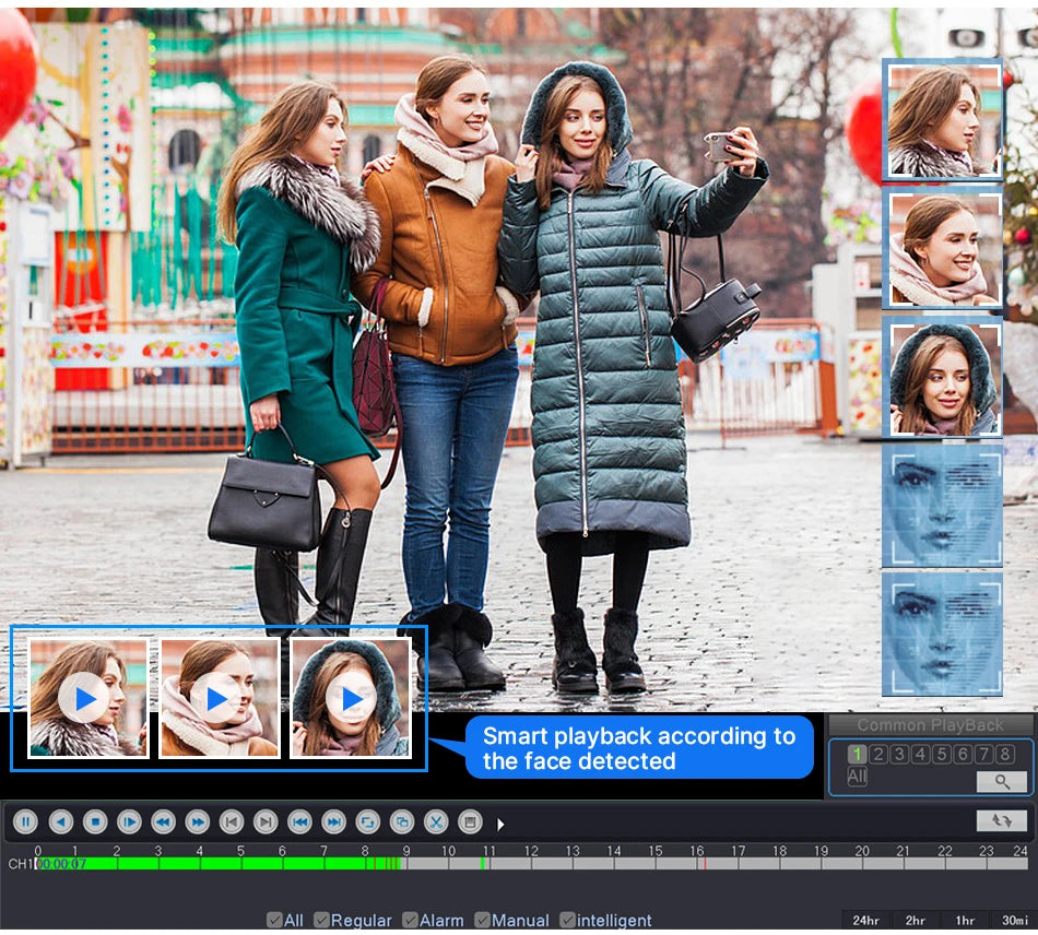 Hiseeu 2K 4MP Camera, Recorded footage playback via detected faces, with customizable alarm options and settings.