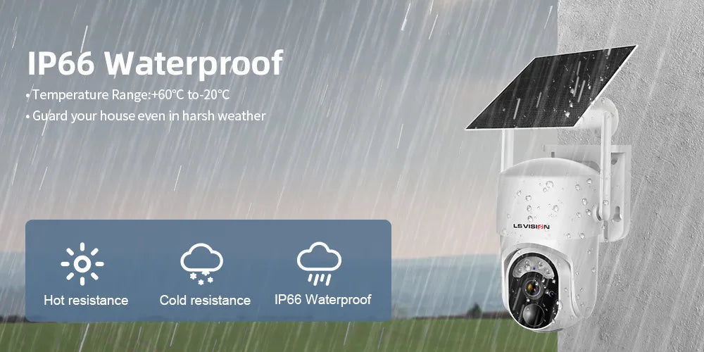 LS VISION 4MP Solar Camera, Durable camera withstood extreme temps (-20°C to +60°C) and weather conditions (IP66 waterproof)