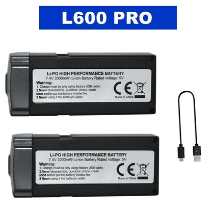 7.4V 3000mAh Li-Po battery, USB-charged only. Do not disassemble or expose to water. CE certified, includes cable. Made in China.