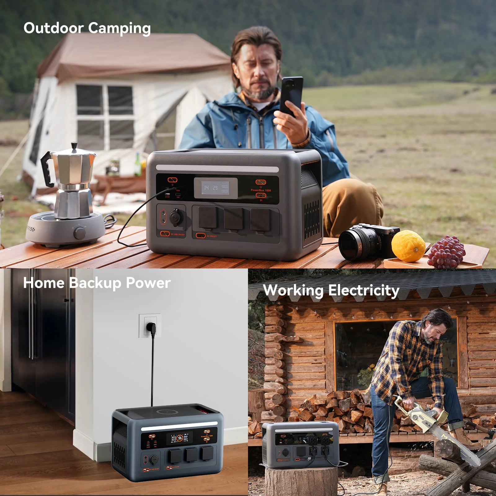 OSCAL PowerMax1800 Portable Power Station, Portable power station offering 1800W AC, app control, solar support, and expandable capacity, ideal for camping, home backup, and work use.