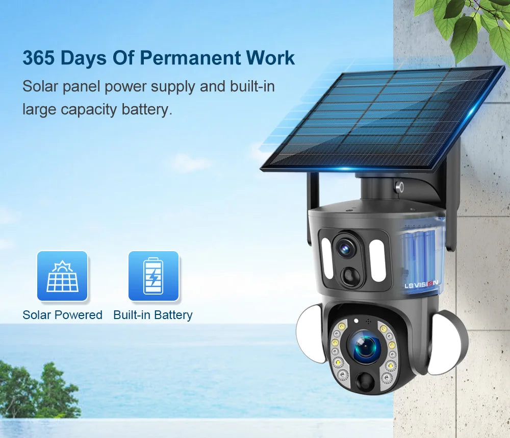 LS VISION 4K Solar Camera, Camera runs on solar power and backup battery for 365 days of continuous use.