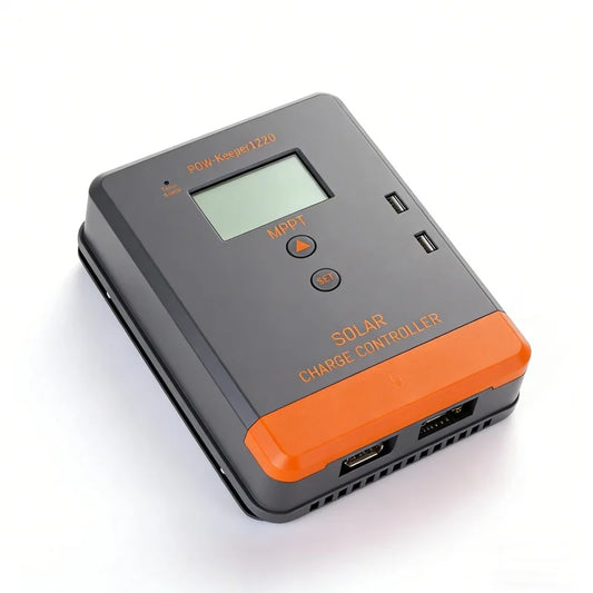 PowMr POW-Keeper MPPT solar charge controller angled view with LCD screen and dual USB ports