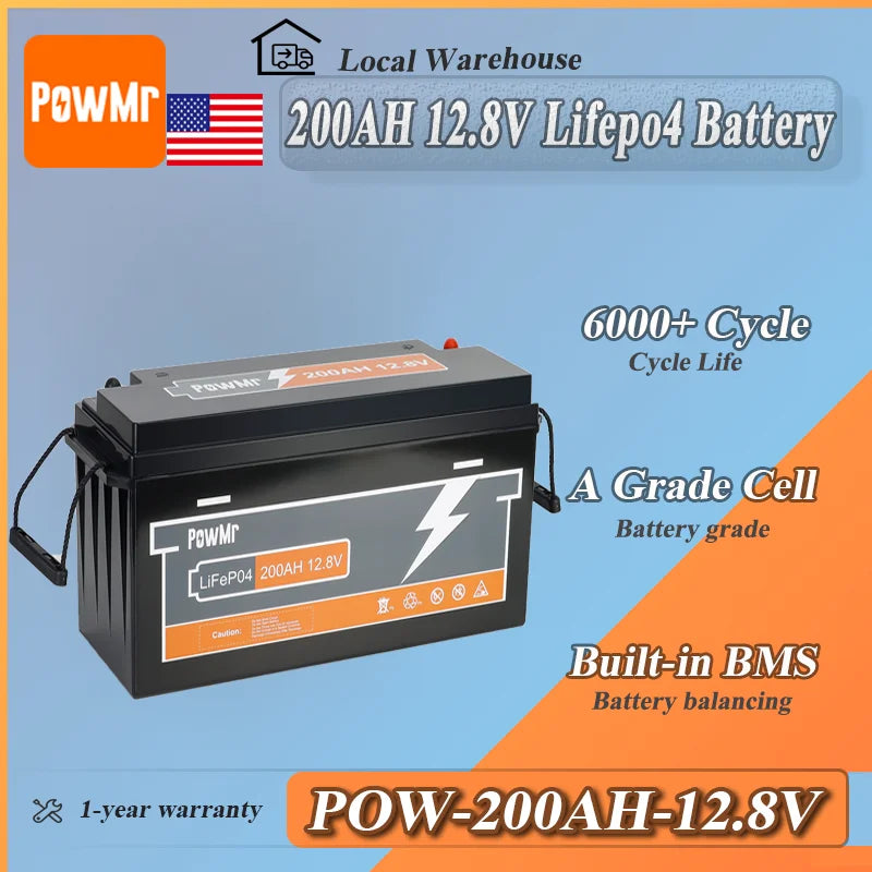 PowMr 200Ah 12.8V LiFePO4 battery feature graphic with built-in BMS and 6000+ cycle life text
