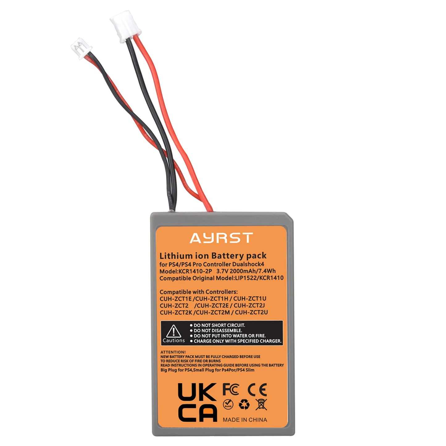 Sony PS4 DualShock 4 V1/V2 Replacement Battery, AYRST 2000mAh 3.7V lithium-ion battery for PS4 controllers; compatible with CUH-ZCT1/2; avoid water, fire, short circuits; use specified charger; made in China.