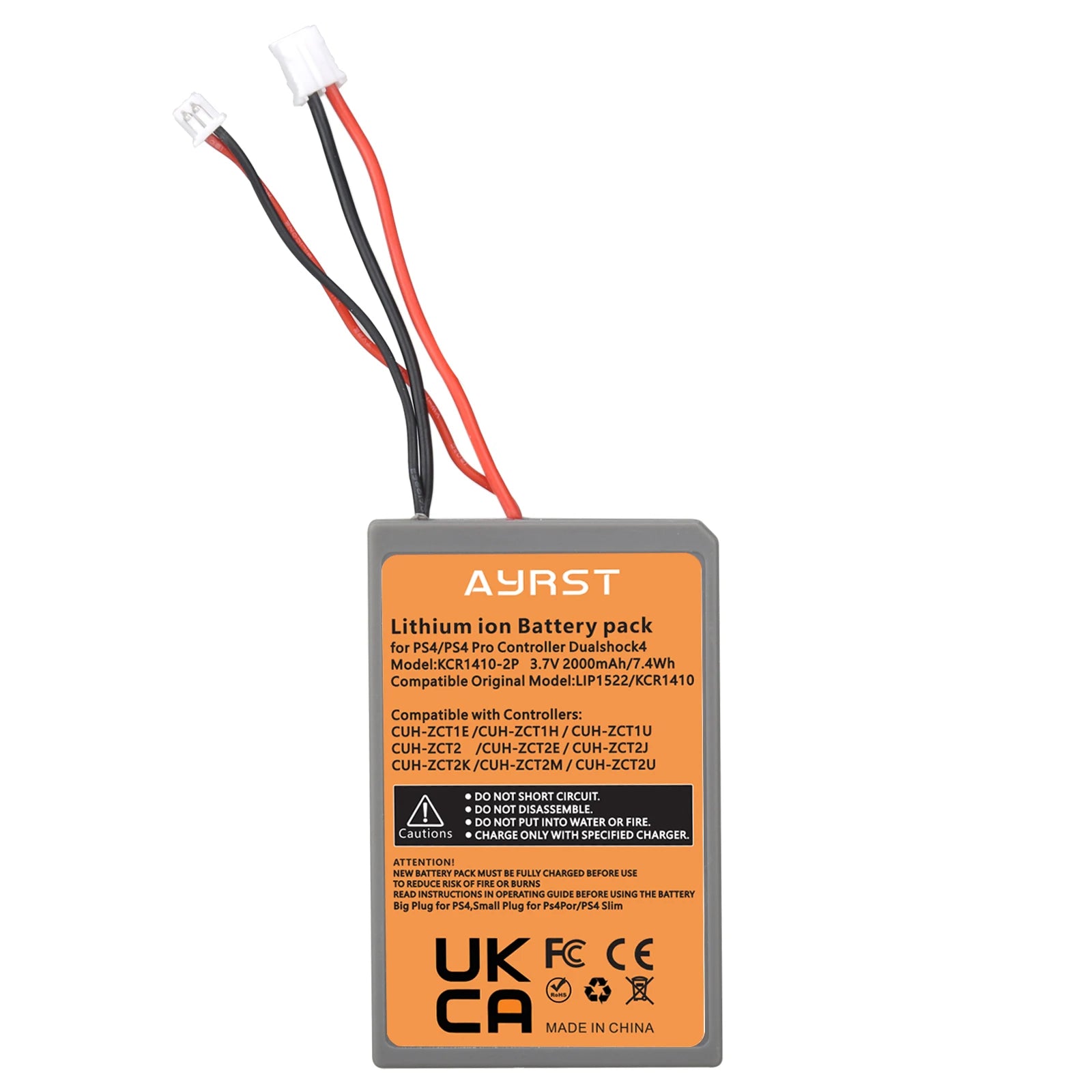 Sony PS4 DualShock 4 V1/V2 Replacement Battery, AYRST 2000mAh 3.7V lithium-ion battery for PS4 controllers; compatible with CUH-ZCT1/2; avoid water, fire, short circuits; use specified charger; made in China.