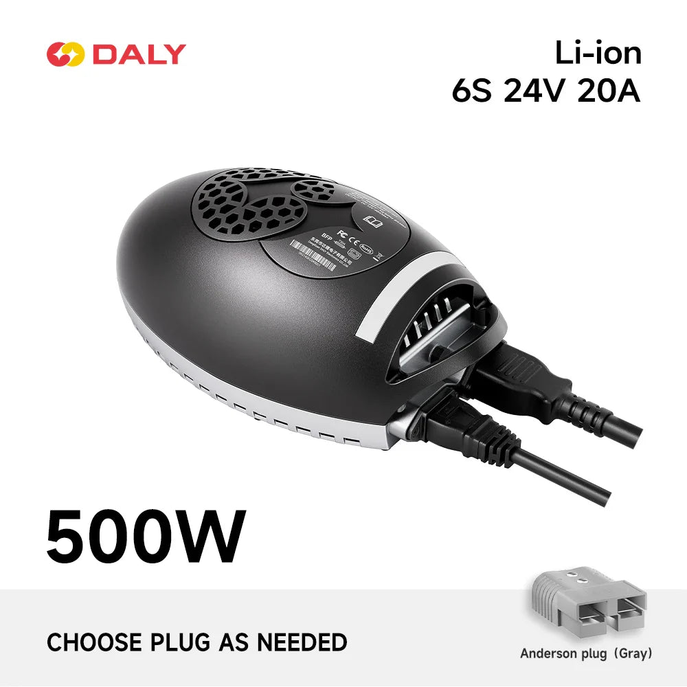 Li-ion 6S 24V 20A charger graphic with DC Anderson plug (gray) option shown