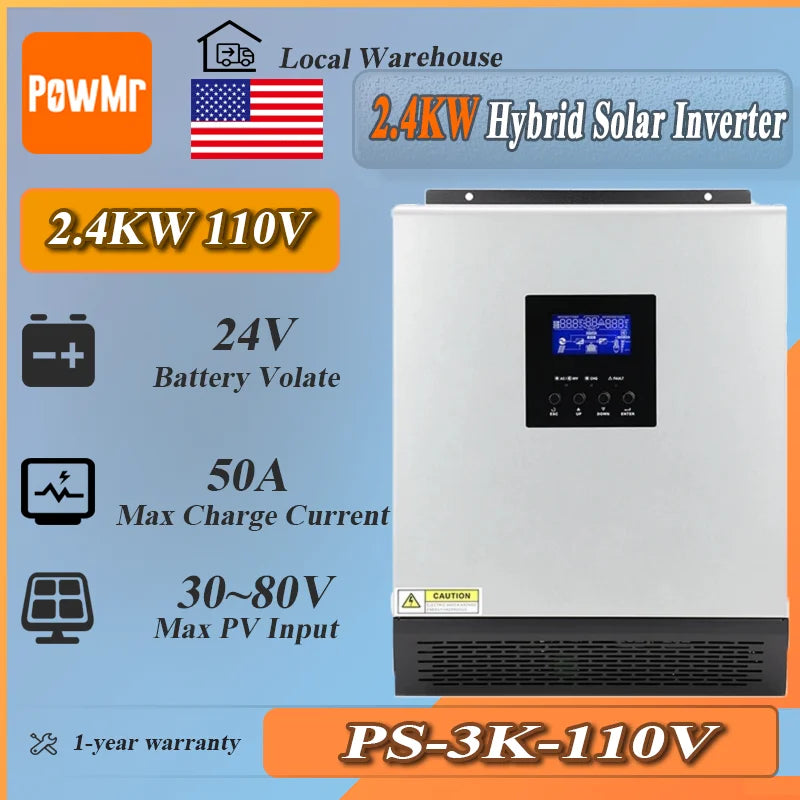 PowMr PS-3K-110V 2.4kW hybrid solar inverter graphic showing 24V battery, 50A charge, 30–80V PV input