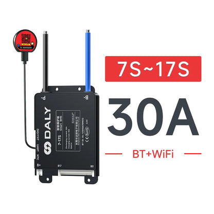 BMS variant graphic: 7S–17S, 30A, BT+WiFi, showing wired communication module and terminals
