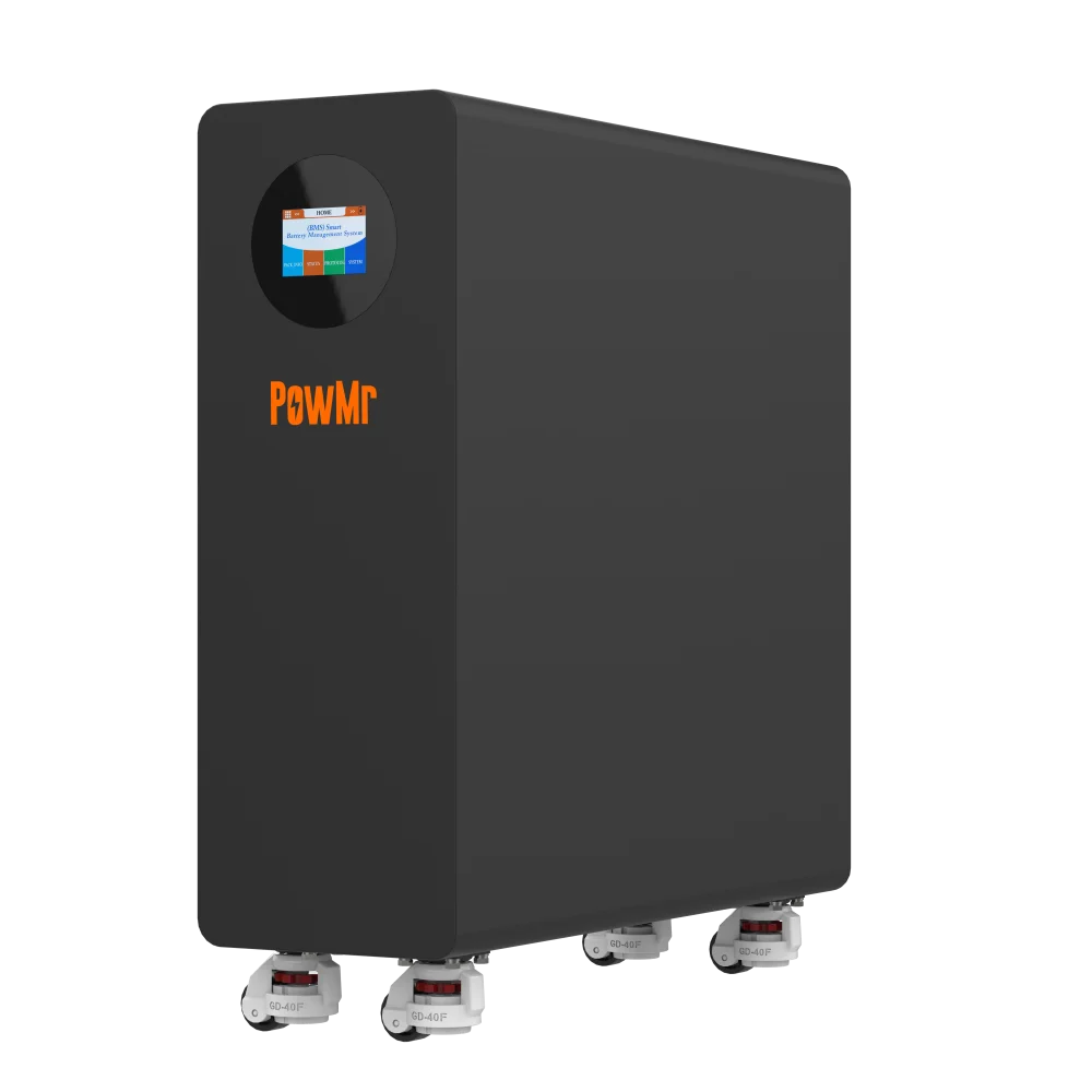 PowMr 51.2V 316Ah LiFePO4 lithium battery cabinet on caster wheels, front angled view