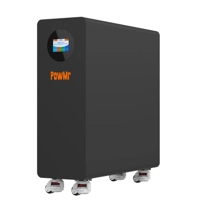 PowMr 51.2V 316Ah LiFePO4 lithium battery cabinet on caster wheels, front angled view