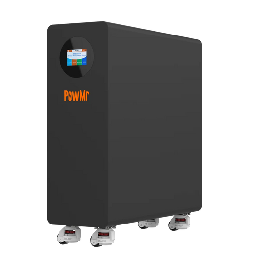 PowMr 51.2V 316Ah LiFePO4 lithium battery cabinet on caster wheels, front angled view