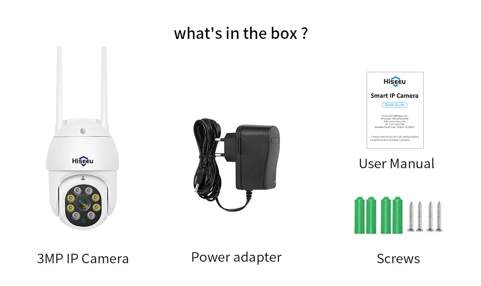 Hiseeu 1080P 2MP Camera, Package contents: Hiseeu Smart IP Camera, user manual, power adapter, and screws.