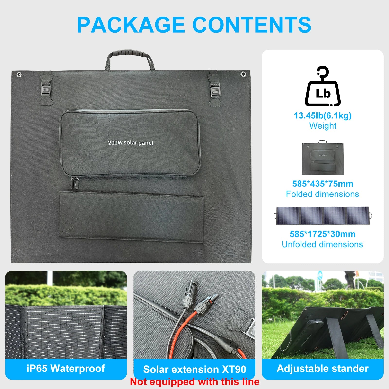 200W Portable Solar Panel, 200W 18V foldable solar panel, 23.4% efficiency, ETFE-coated, IP65 waterproof, 4-panel design, XT90 connector, adjustable stand, 6.1kg, portable.