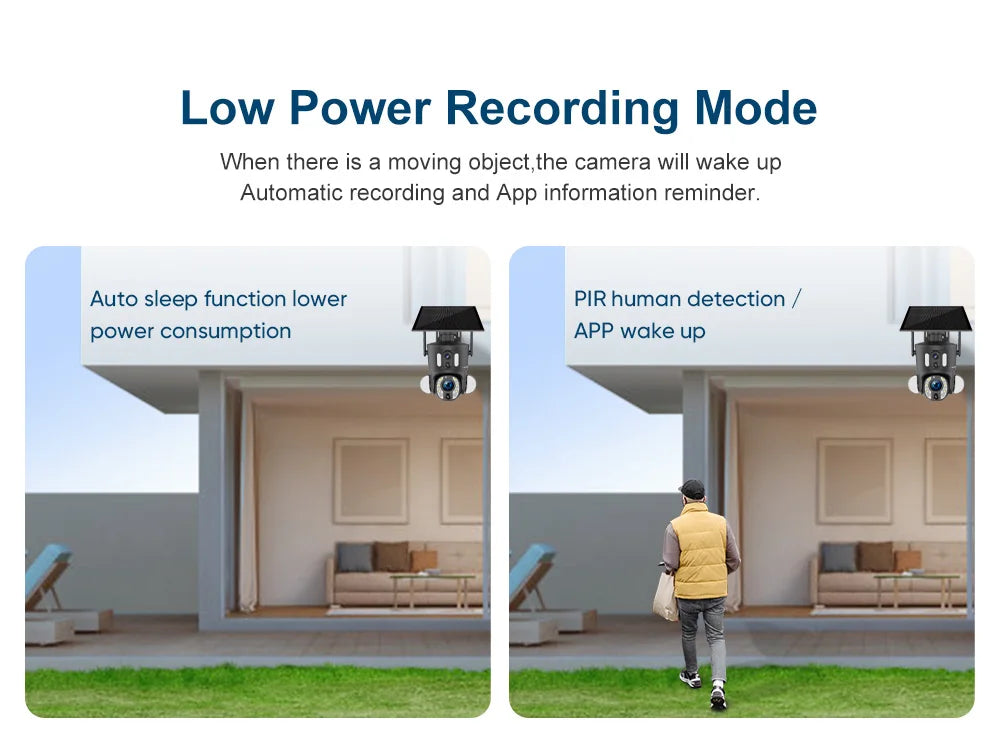 LS VISION 4K 8MP Solar Camera, Automatic low-power mode for motion detection, notifications, and wake-up.