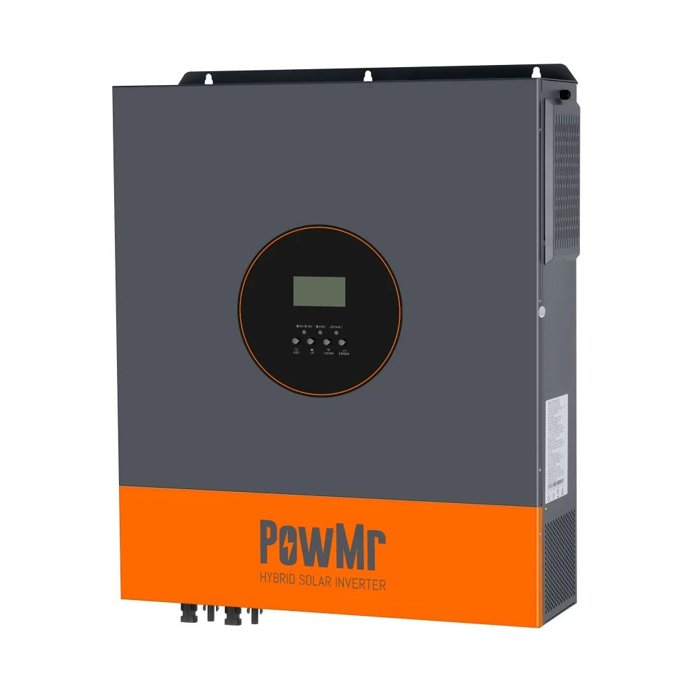PowMr hybrid solar inverter front view, gray and orange housing with circular LCD display and buttons