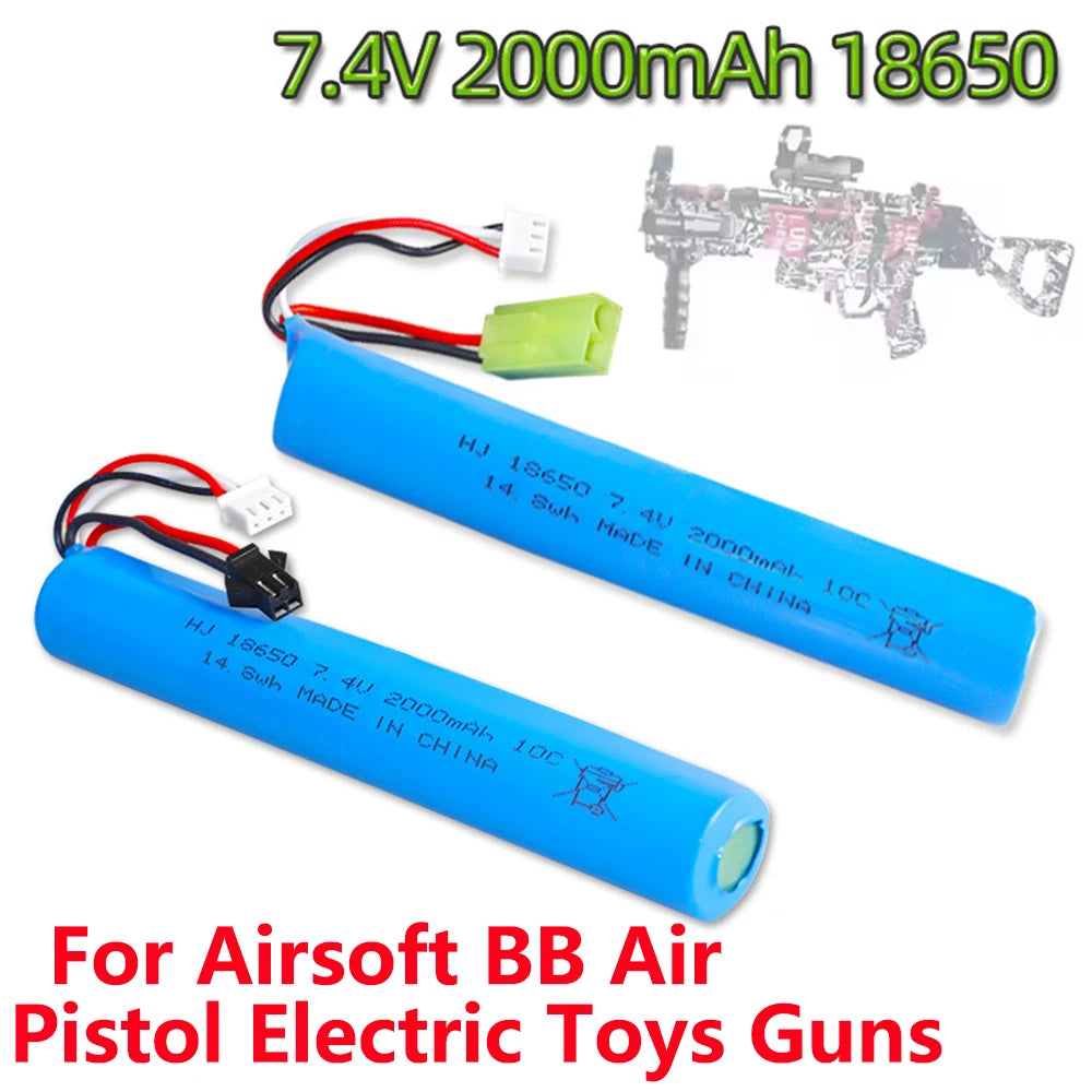 2S 7.4V 2000mAh 10C 18650 LiPo Battery, SM/Small Tamiya Plug, for Water Guns, Airsoft BB & Electric Toys
