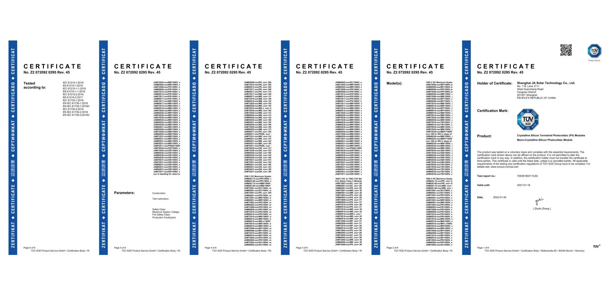 JA Solar Certificate: International standard-compliant solar module certification.