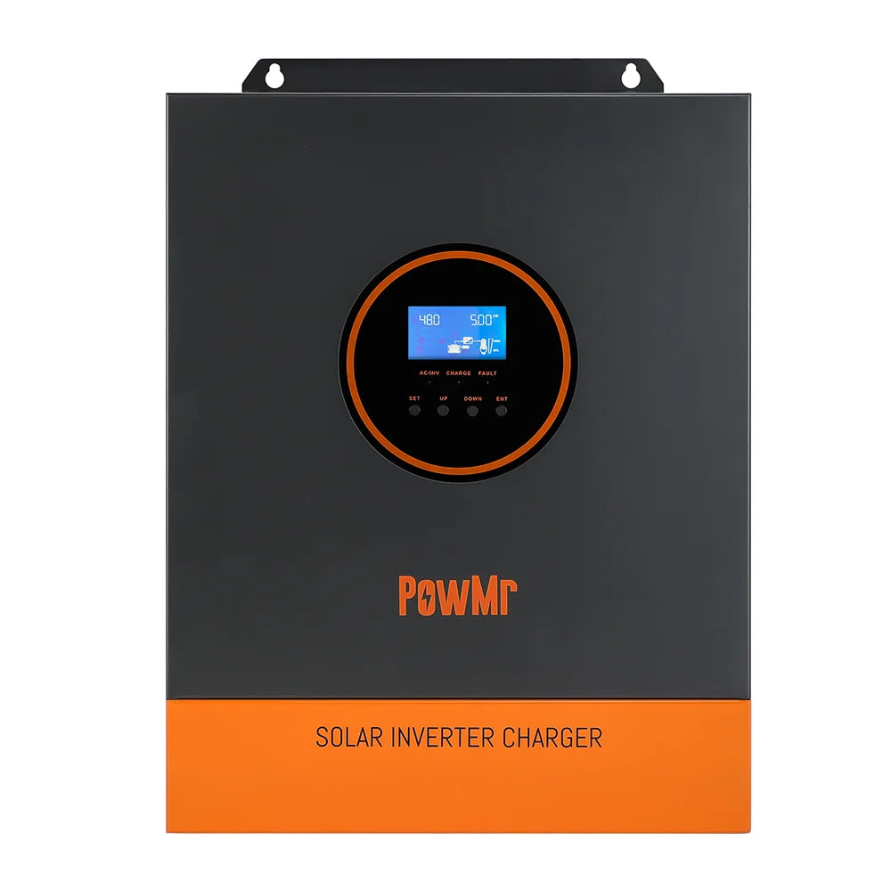 PowMr POW-LVM5K-48V-N 5kW 48V hybrid solar inverter charger front view with LCD display
