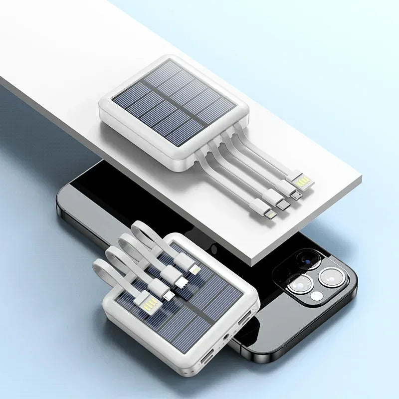Portable Solar Power Bank 10k/30k/50k mAh - Built-in Cables, 5-Device Fast Charging, LED — for iPhone/Samsung/Xiaomi