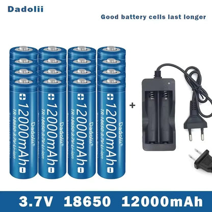 18650 Li-ion Rechargeable Battery 3.7V with Charger Set, Claimed 12000mAh, For Flashlight Torch (Dadolii)