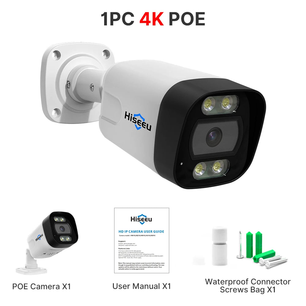 Hiseeu 4K 8MP Camera, User guide for Hiseeu 4K 8MP camera with POE connectivity, waterproof features, and accessories for easy installation.