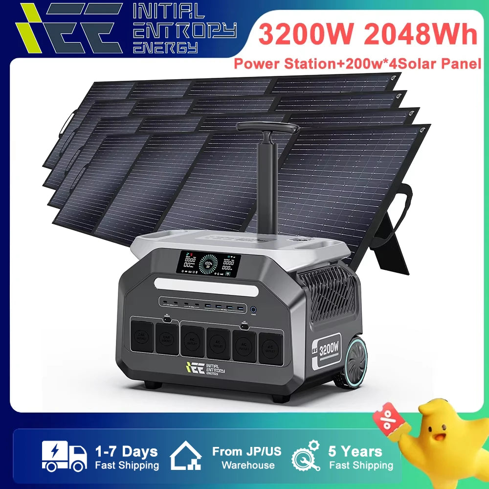 IEETek P3200 2048Wh 3200W Portable Power Station, IEETek P3200: 3200W, 2048Wh LiFePO4 power station with 4×200W solar panels, UPS, Wi-Fi app, 16 outputs, fast shipping, 5-year warranty.