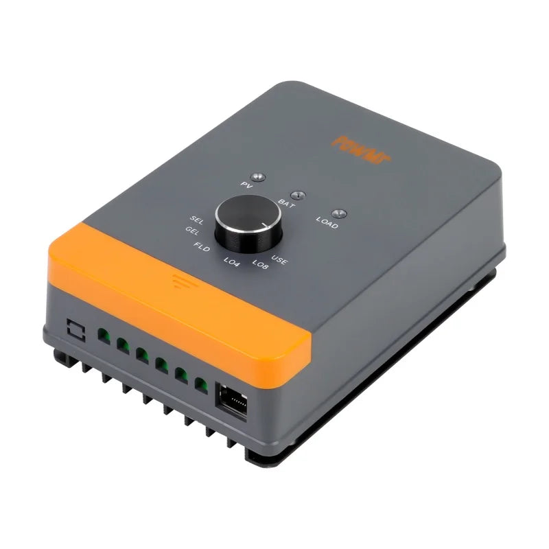 Angled view of PowMr 45A MPPT solar charge controller showing top dial and side wiring terminals