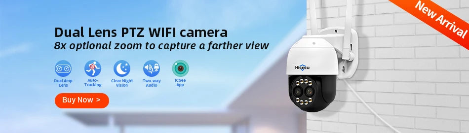 Hiseeu 4K 8MP Smart Wifi PTZ Camera, Hiseeu 4K PTZ camera with dual lenses, 8MP sensor, and 5x zoom for clear views and home security.