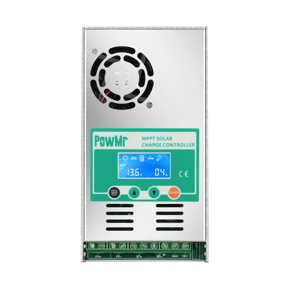 PowMr HHJ-60A 60A MPPT Solar Charge Controller front view with LCD display and wiring terminals