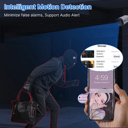 Hiseeu 4K 8MP Camera, Smart motion detection reduces false alarms with audio notifications.