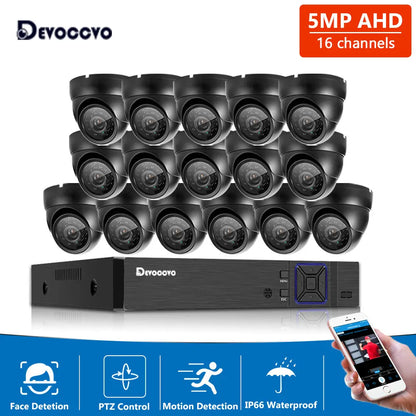 Devoccvo 16 Channel 5MP Security Camera System, Advanced HD surveillance camera with 16 channels, facial recognition, remote control, and weather-resistant design.