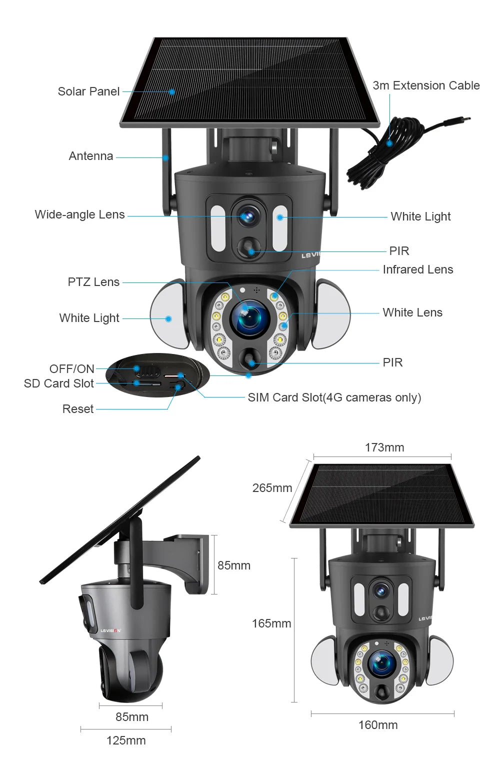 LS VISION 4K Solar Camera, Solar-powered camera with extension cable, wide-angle lens, sensors, PTZ lenses, and storage slots for monitoring.