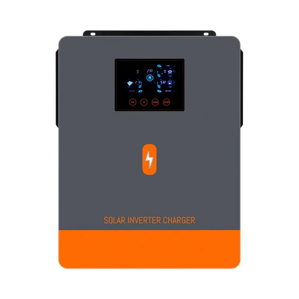 PowMr POW-HVM10.2M 10.2kW hybrid solar inverter front view with LCD screen and orange base