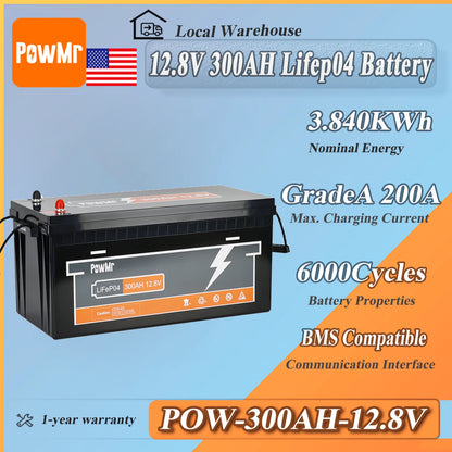 PowMr 12.8V 300Ah LiFePO4 battery infographic showing 3.84kWh energy, 6000 cycles, BMS compatible