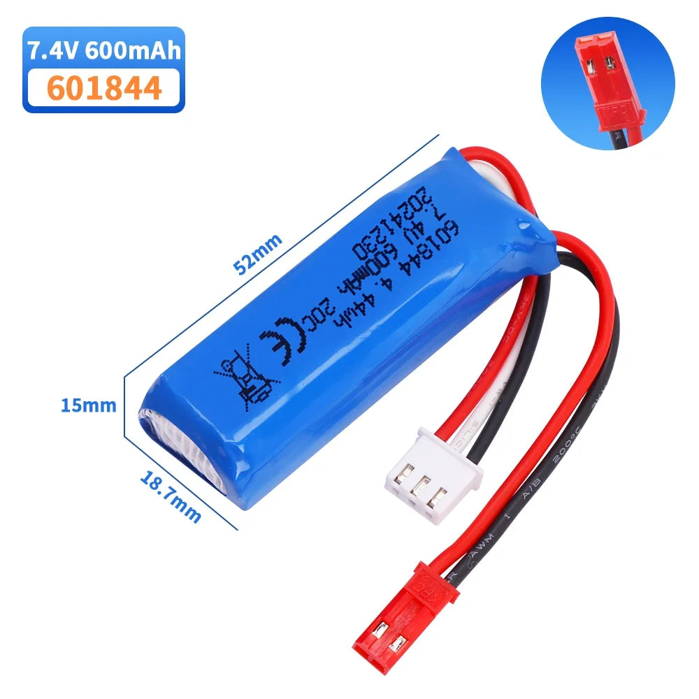 601844 7.4V 600mAh 2S Lipo Battery, 7.4V 600mAh 2S LiPo battery with JST plug, model 601844, designed for RC cars. Rechargeable, compact power source for small-scale remote-controlled vehicles.