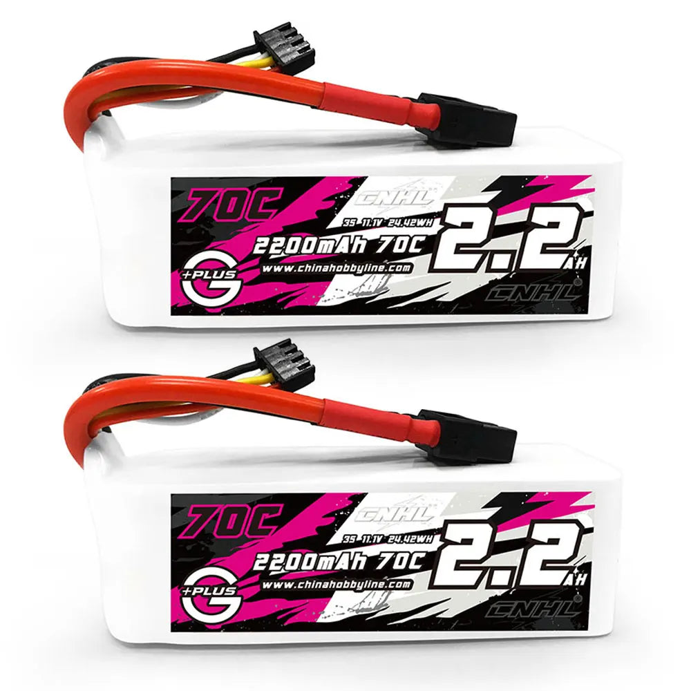 2PCS CNHL 3S 11.1V Lipo Battery, CNHL 3S 11.1V 2200mAh 70C LiPo battery with XT60 plug, 24.42Wh, for RC aircraft and FPV, branded with G logo.