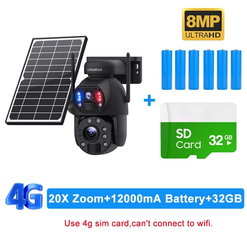 SHIWOJIA 4K 8MP 4G Solar Camera, 8MP ULTRAHD Shivojia SD GB card 32 4G 20X