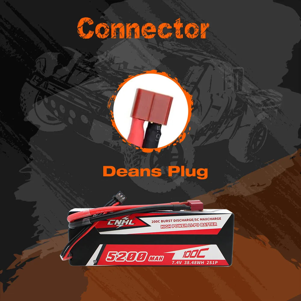 CNHL Lipo Battery, CNHL 5200mAh 7.4V 2S LiPo battery with 100C continuous, 200C burst discharge, 5C max charge, Deans plug, ideal for high-power RC applications.