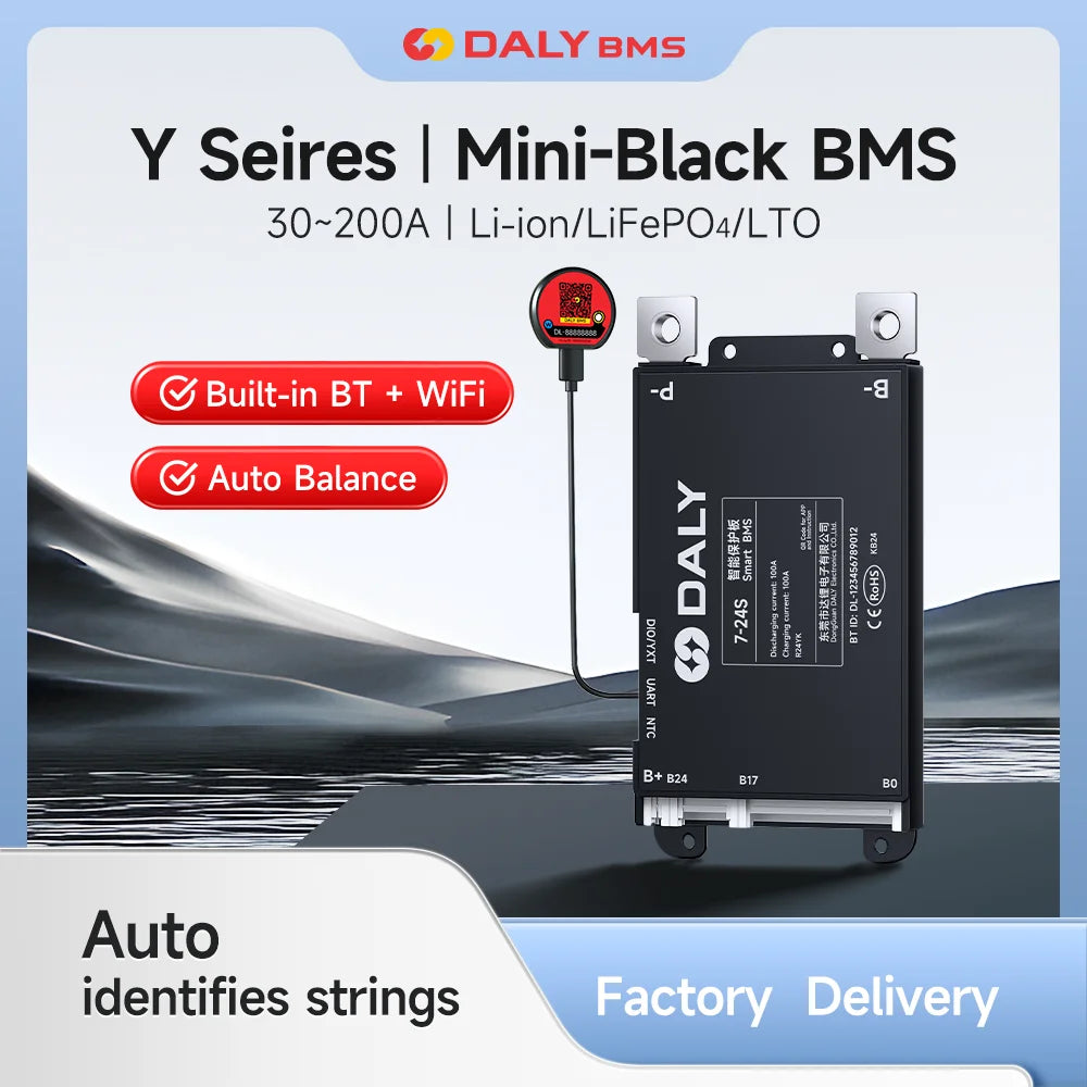 DALY BMS Y series mini-black infographic showing built-in BT + WiFi and auto balance features