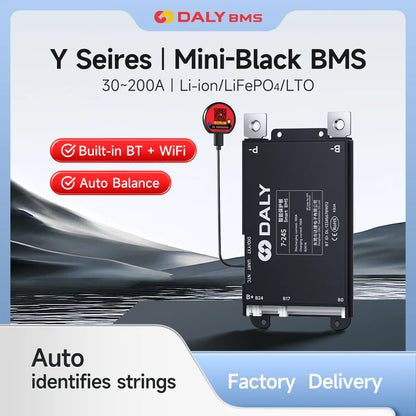 DALY BMS Y series mini-black infographic showing built-in BT + WiFi and auto balance features