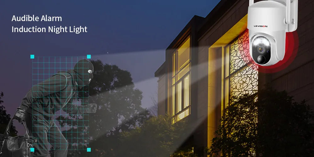 LS VISION 4MP Solar Camera, Built-in night light with audible alarm for indoor use.