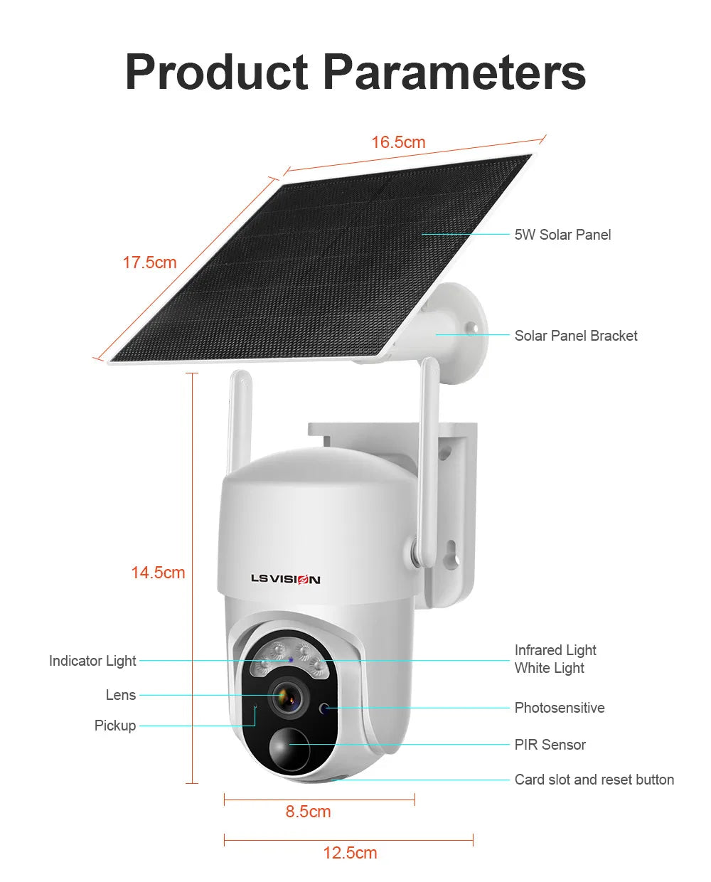 LS VISION 4MP Solar Camera, Solar-powered camera with adjustable mount, infrared and white light indicators, and features like PIR sensor and memory card slot.