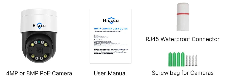 Hiseeu 2K 4MP Camera, High-resolution 4MP camera with waterproof & PoE features, includes user guide and screw bag for easy installation.