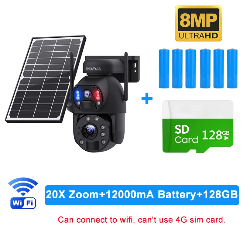 SHIWOJIA 4K 8MP 4G Solar Camera, 8MP ULTRAHD Shivojia SD card 12898 20X Zoom+1