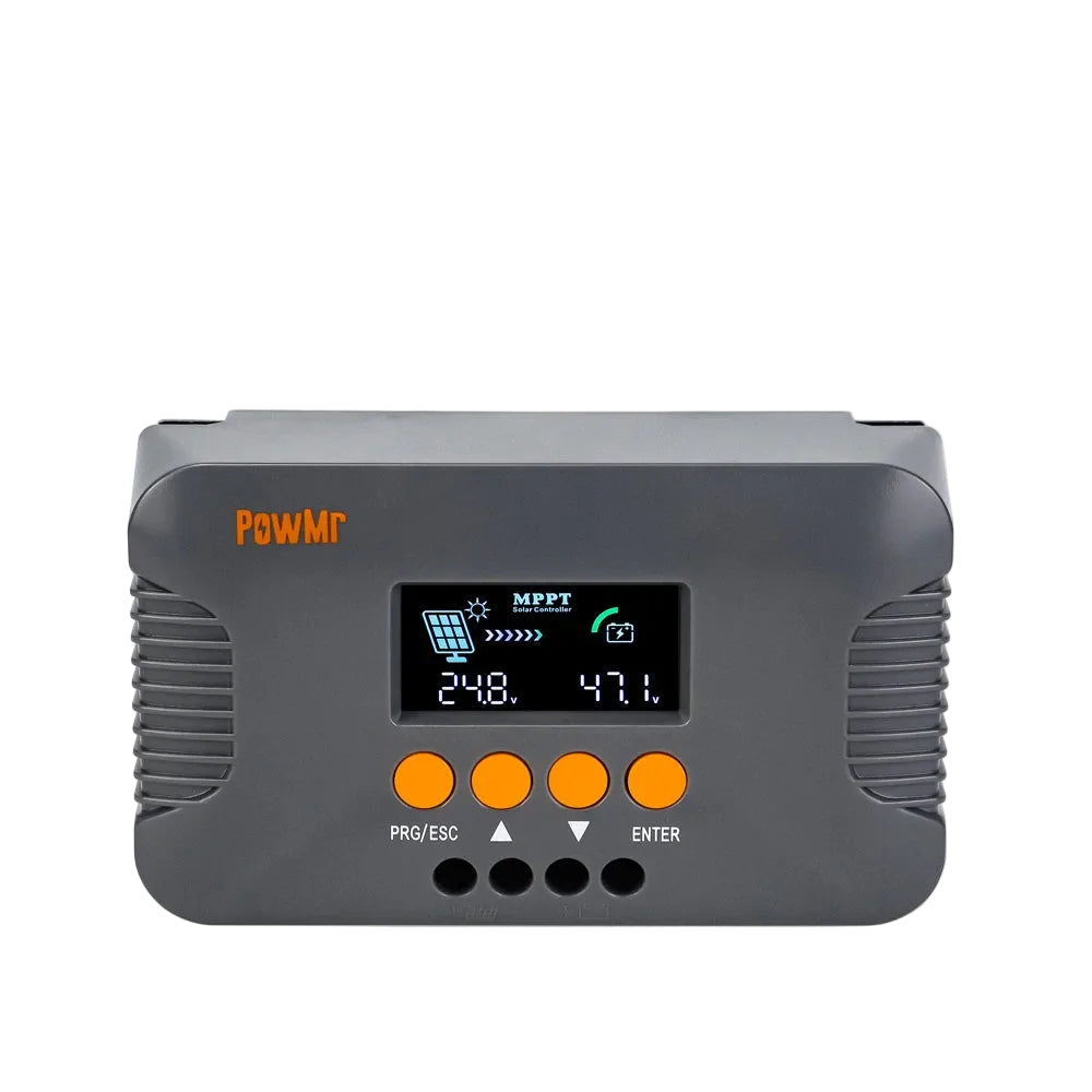 PowMr POW-Boost 10A MPPT boost solar charge controller front view with LCD display and orange buttons