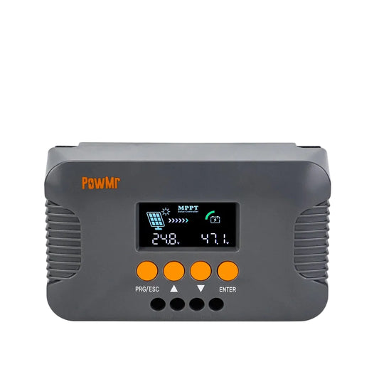 PowMr POW-Boost 10A MPPT boost solar charge controller front view with LCD display and orange buttons