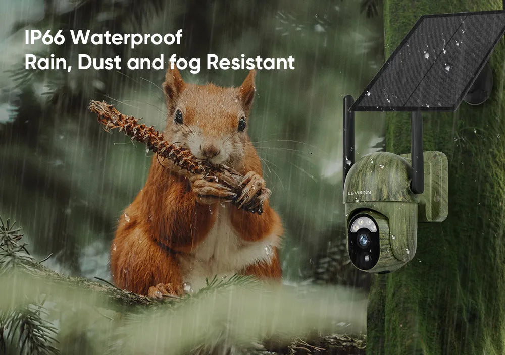 LS VISION 4MP 4G SIM Solar Trail Camera, Ip66 waterproof, resistant to rain, dust, and fog for reliable outdoor use.